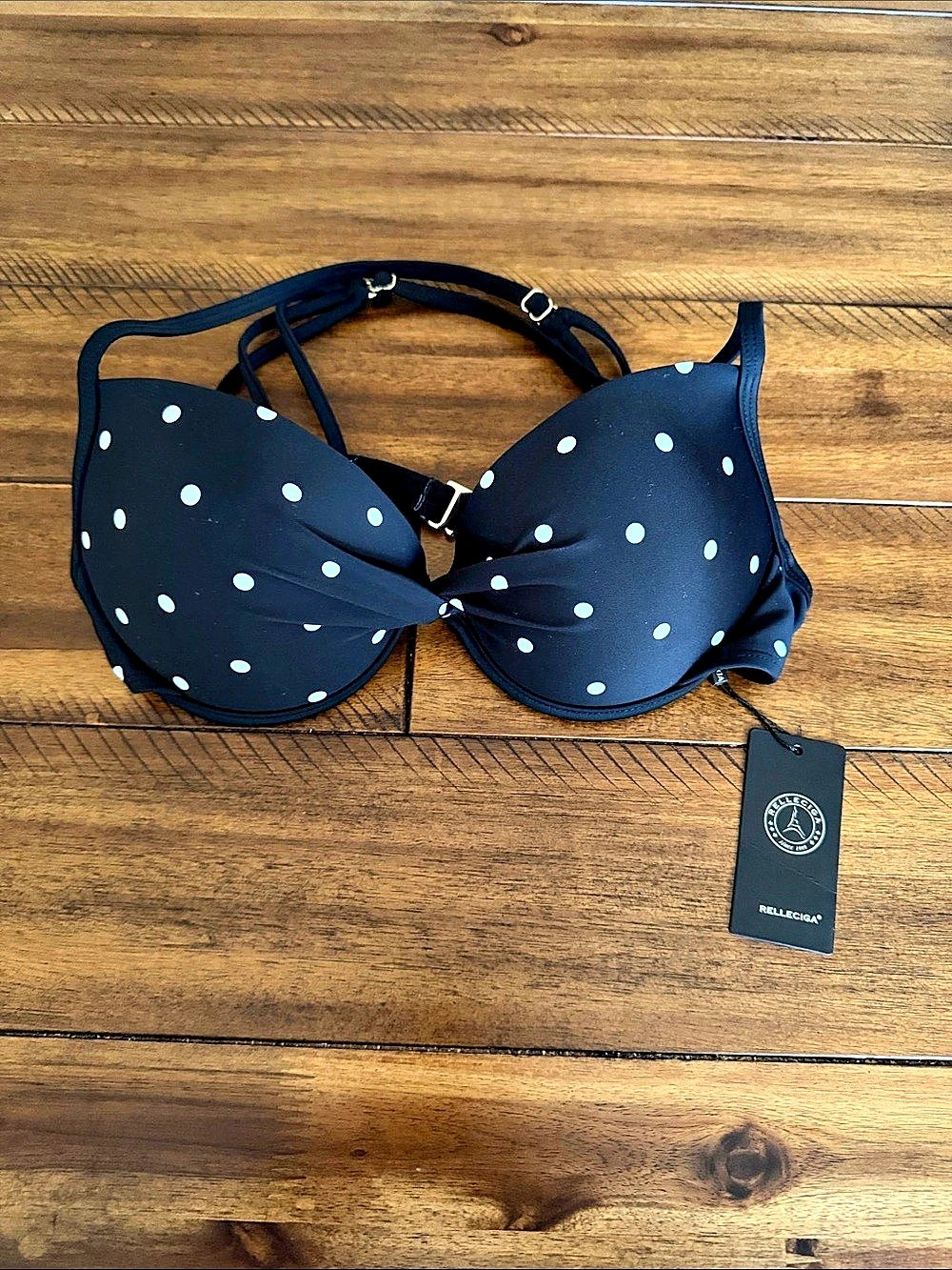 RELLECIGA Polka Dot Twist Front Underwire Push Up Bikini Top Black & White Small